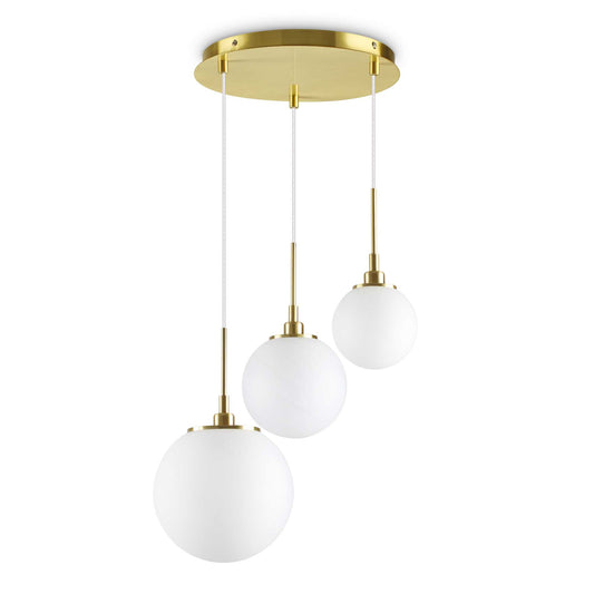 Ideallux GRAPE pendant light with three dimmable satin glass globes and brass metal frame, adjustable height, 40cm diameter.