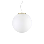 Ideallux GRAPE large pendant light with satin brass metal and white glass shade, adjustable height.