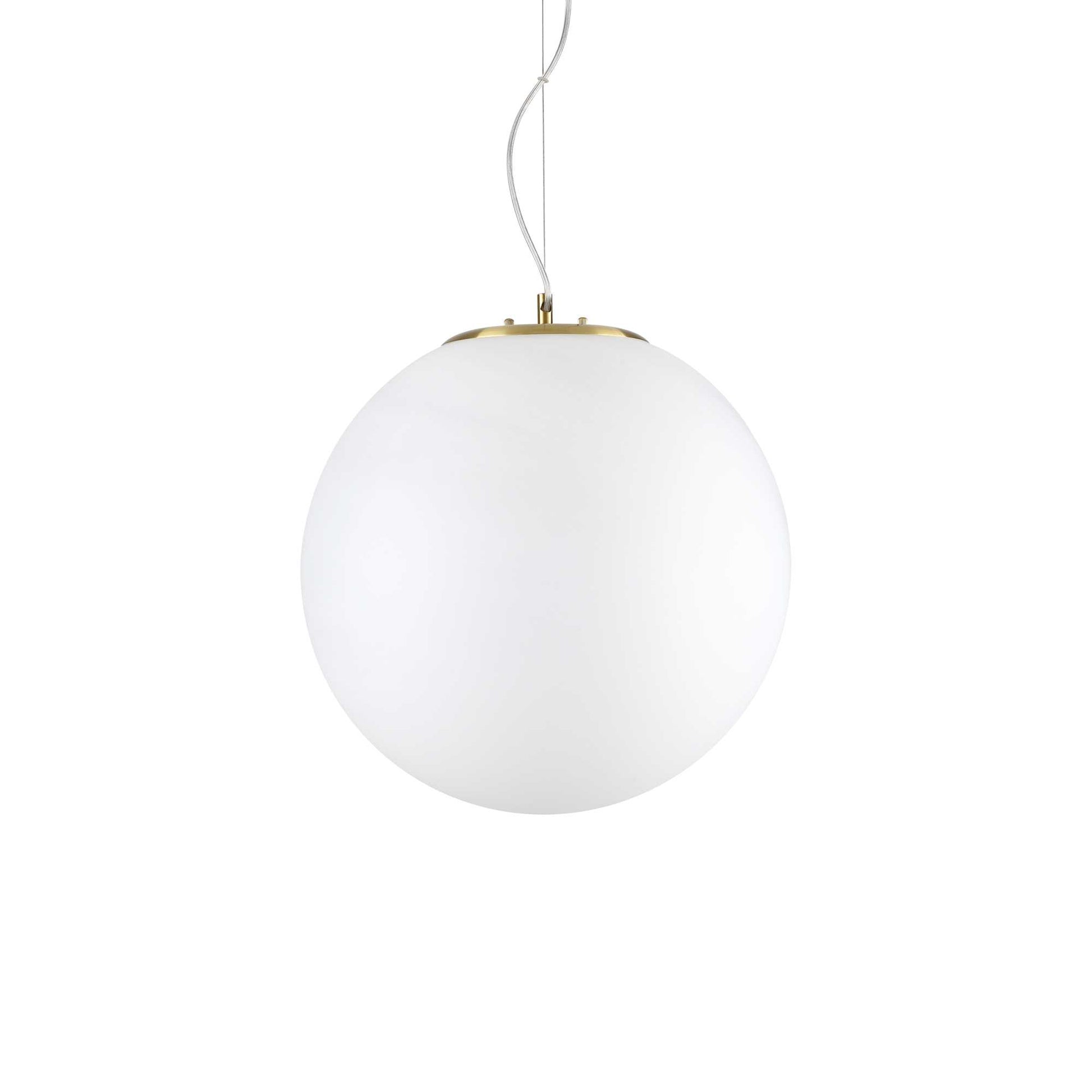 Ideallux GRAPE large pendant light with satin brass metal and white glass shade, adjustable height.