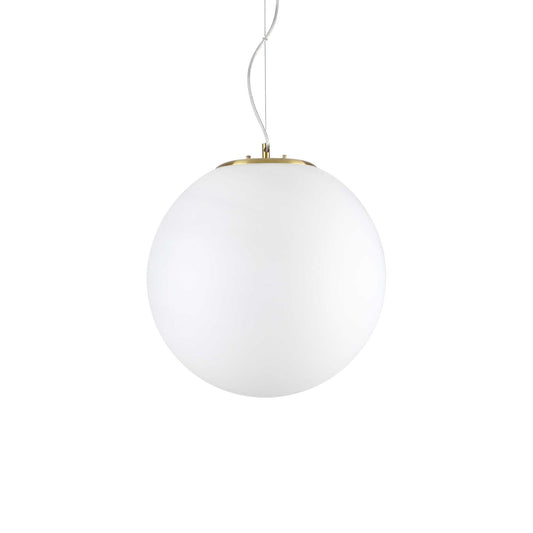 Ideallux GRAPE large pendant light with satin brass metal and white glass shade, adjustable height.