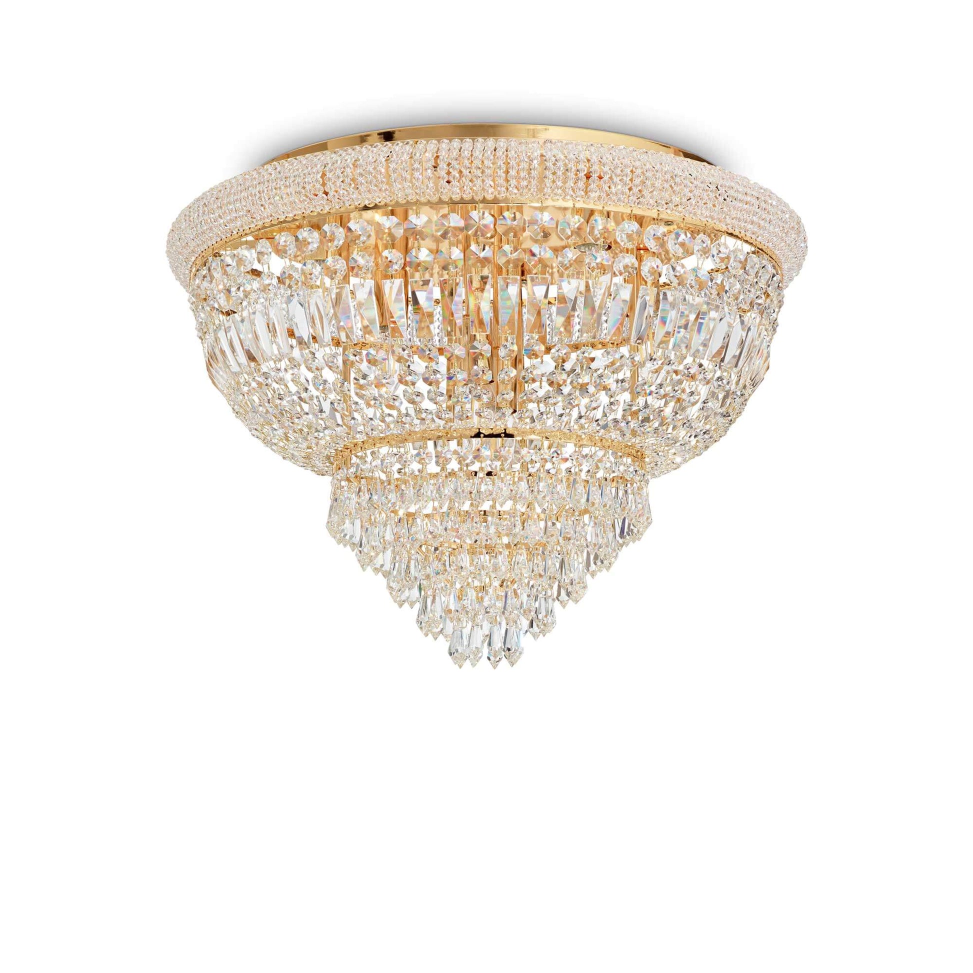 Elegant Kristall Deckenleuchte Dubai in Gold mit funkelnden Bleikristallen, idealer Hingucker und dimmbar. Ø78cm, 52,5cm hoch.