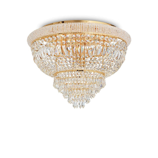 Elegant Kristall Deckenleuchte Dubai in Gold mit funkelnden Bleikristallen, idealer Hingucker und dimmbar. Ø78cm, 52,5cm hoch.