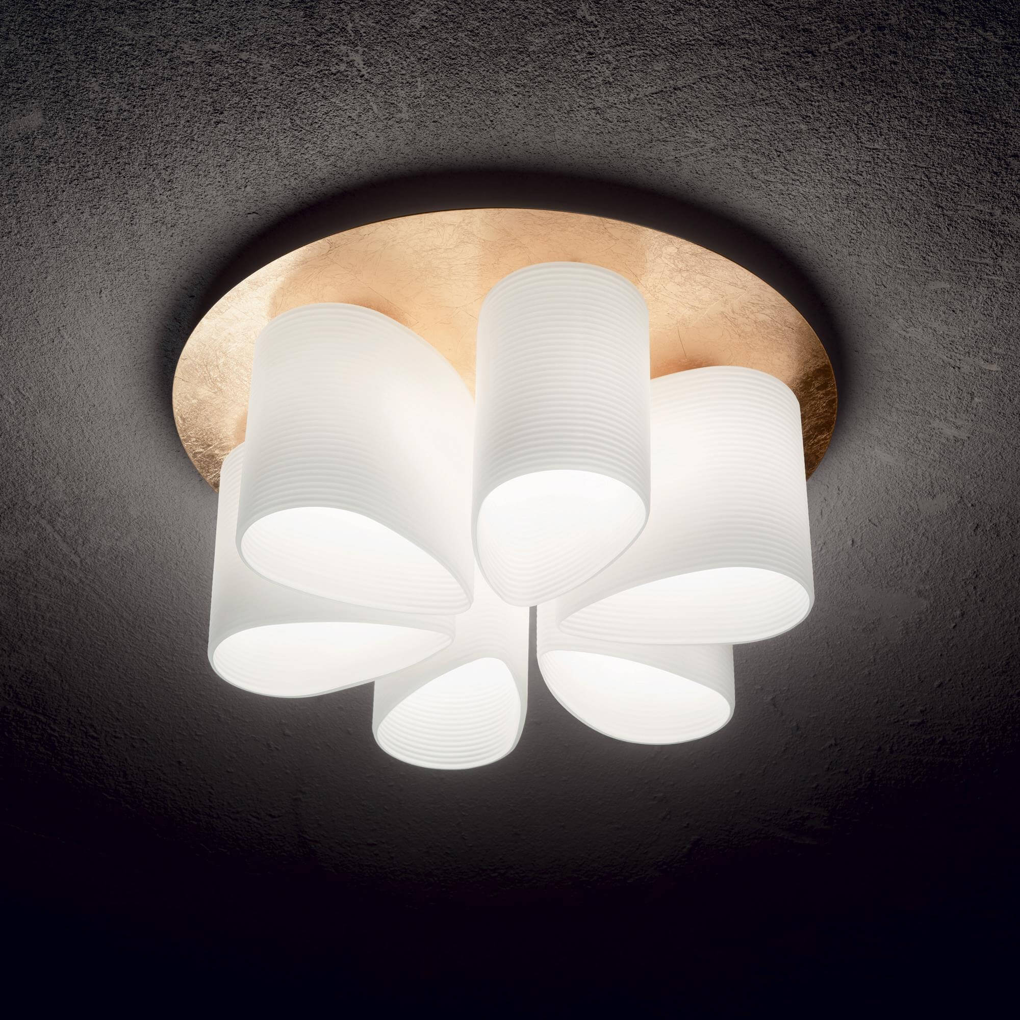 Ideal Lux Daisy ceiling light with gold-leaf metal base and white glass, 60cm diameter, dimmable, elegant home lighting fixture.