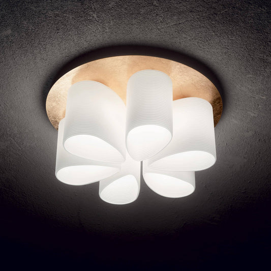 Ideal Lux Daisy ceiling light with gold-leaf metal base and white glass, 60cm diameter, dimmable, elegant home lighting fixture.