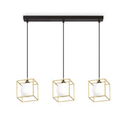 Ideallux LINGOTTO 3-light pendant lamp in matte black and brass with adjustable height, featuring three cube-shaped glass diffusers.