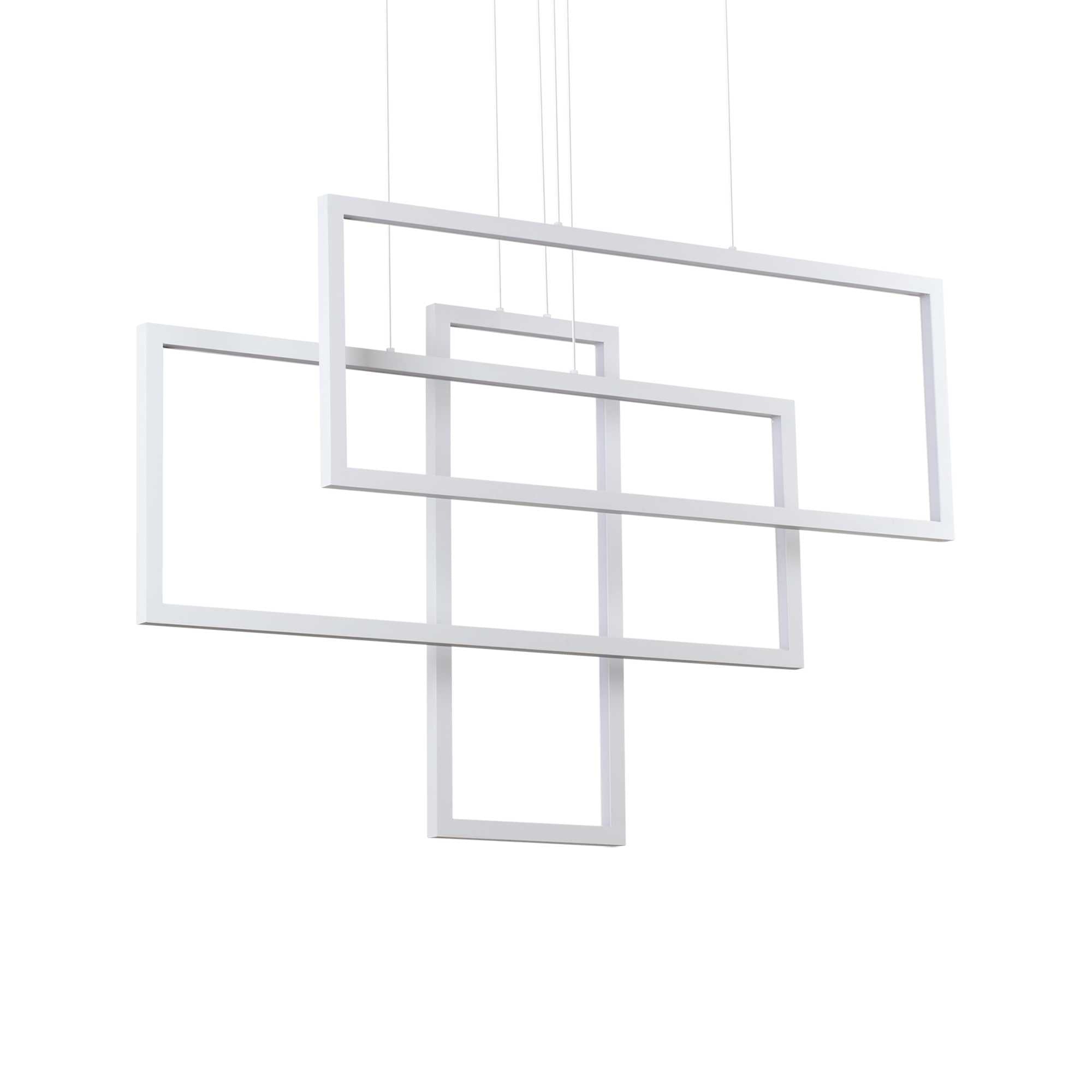 Ideallux RETTANGOLO white pendant light with adjustable height, featuring matte white metal frame and opal diffuser.