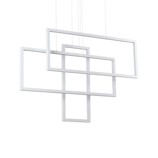 Ideallux RETTANGOLO white pendant light with adjustable height, featuring matte white metal frame and opal diffuser.