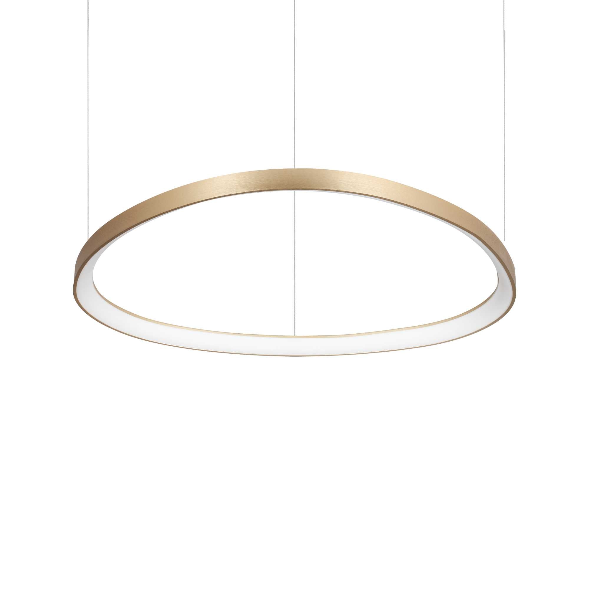Ideallux Gemini pendant light in brushed brass, 81cm diameter, featuring adjustable height and LED 8100LM 3000K for elegant lighting.