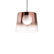 Ideallux FADE Kupfer pendant light with copper-toned glass shade, adjustable height, dimmable feature, and G9 socket.