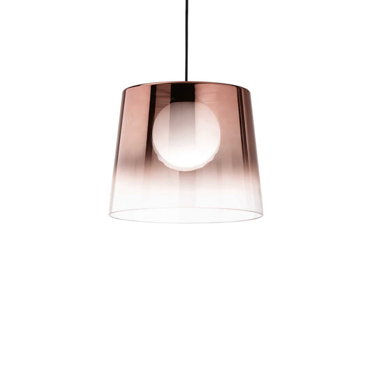Ideallux FADE Kupfer pendant light with copper-toned glass shade, adjustable height, dimmable feature, and G9 socket.