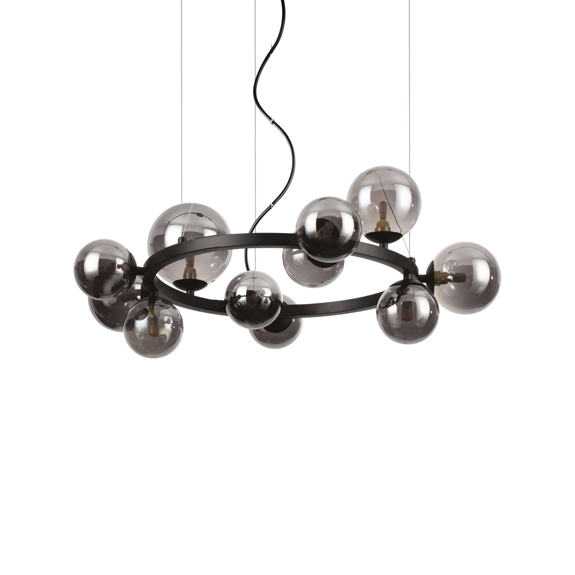 Ideal Lux Pendelleuchte PERLAGE, 11-flammig, Ø73cm, mattschwarzes Metallrahmen, Pyrexglas in Fume, dimmbar LED Leuchte