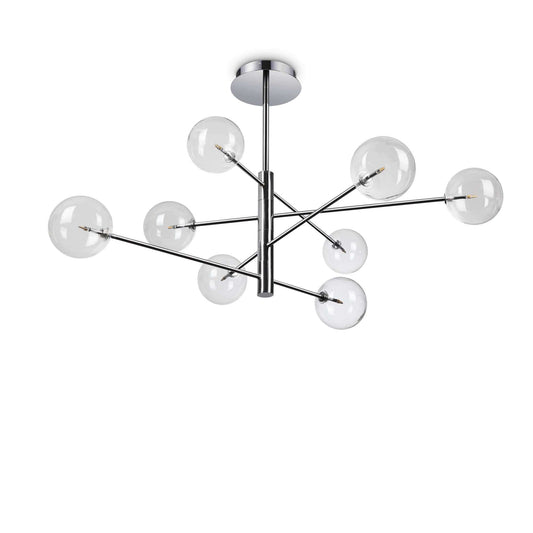 Ideallux Equinoxe 8-light silver pendant light with chrome and antique metal, blown glass diffusers, dimmable, 130cm diameter.