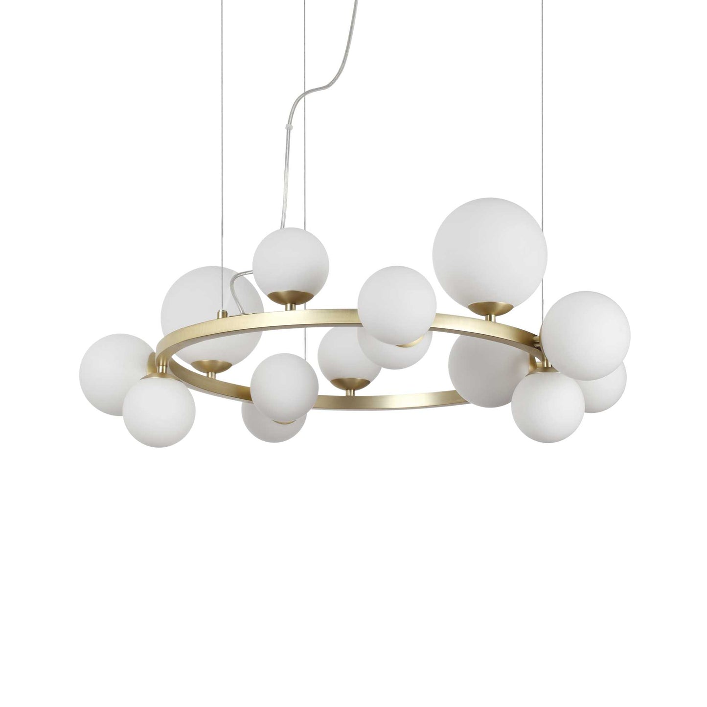 Ideal Lux Pendelleuchte PERLAGE, 14-flammig, Ø85cm mit weißem Pyrexglas, dimmbar, modernes Design aus messing Metall, runder Rahmen.