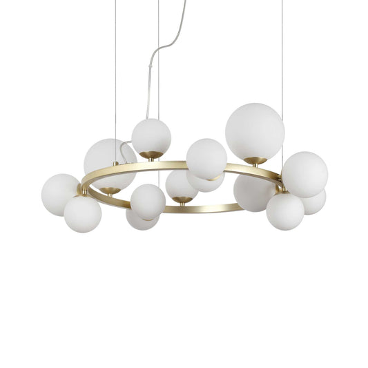 Ideal Lux Pendelleuchte PERLAGE, 14-flammig, Ø85cm mit weißem Pyrexglas, dimmbar, modernes Design aus messing Metall, runder Rahmen.