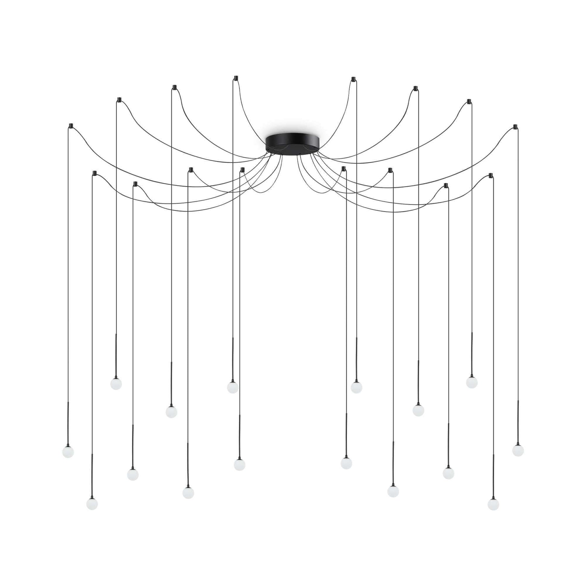 Ideallux LUCCIOLA 16-light black pendant lamp, height adjustable, 200cm diameter, modern metal design, non-dimmable LED.