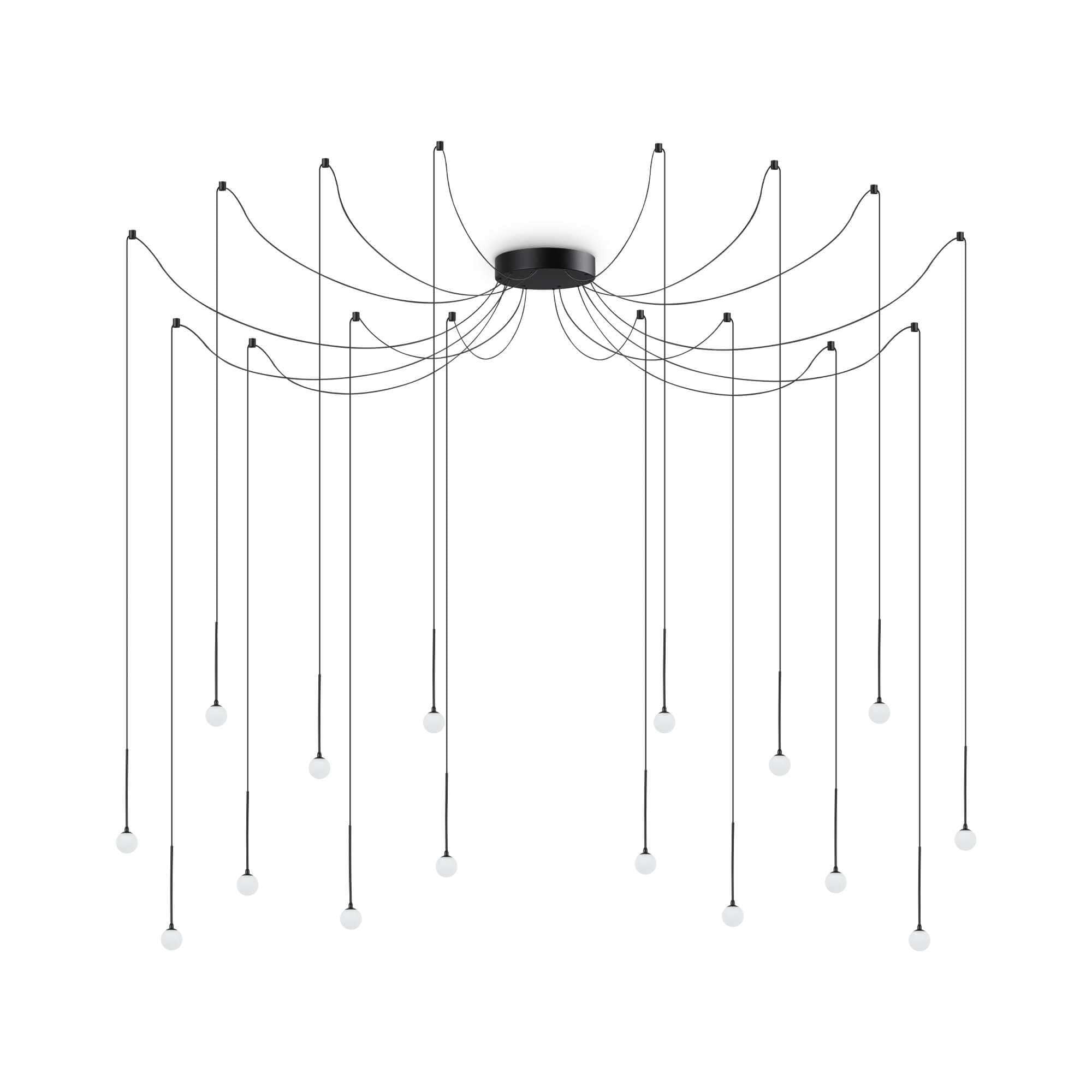 Ideallux LUCCIOLA 16-light black pendant lamp, height adjustable, 200cm diameter, modern metal design, non-dimmable LED.