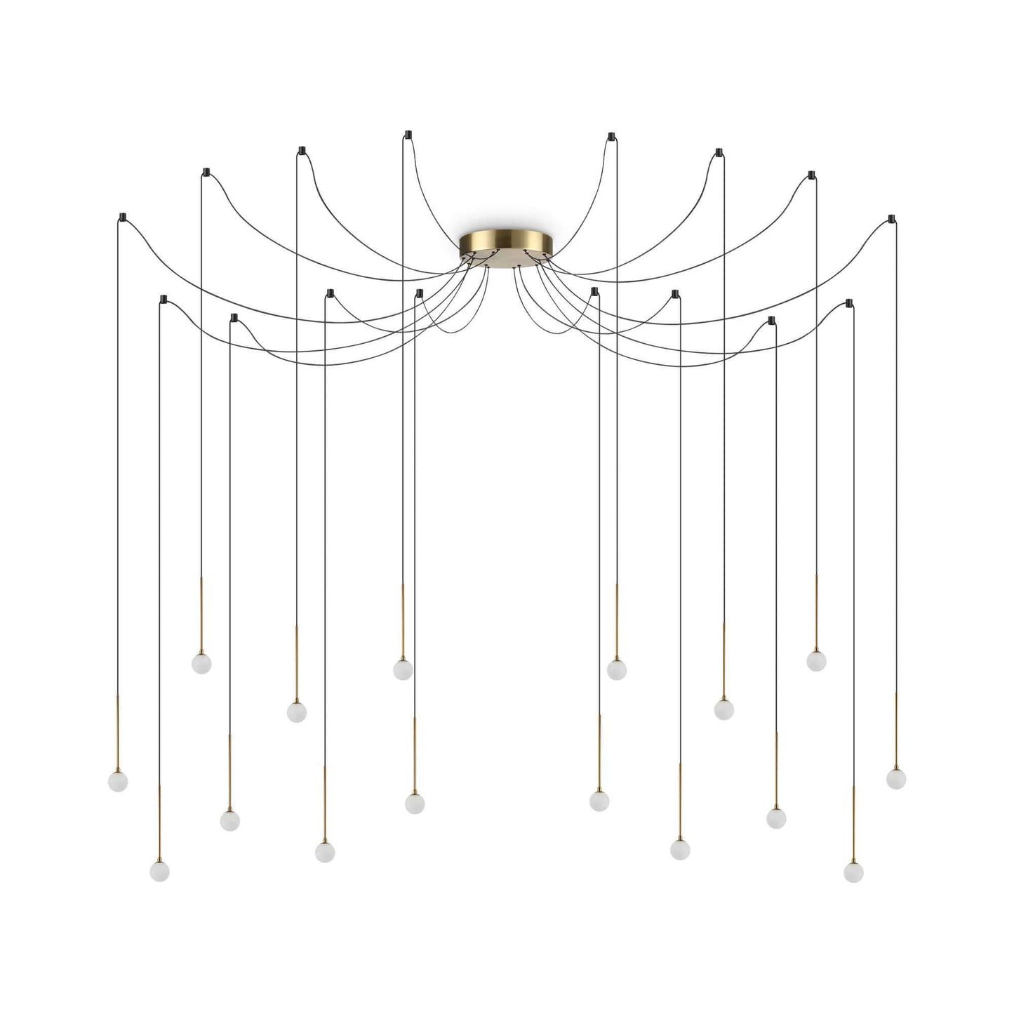 Ideallux LUCCIOLA 16-flame pendant light in brass with adjustable cables and LED bulbs, elegant modern design.