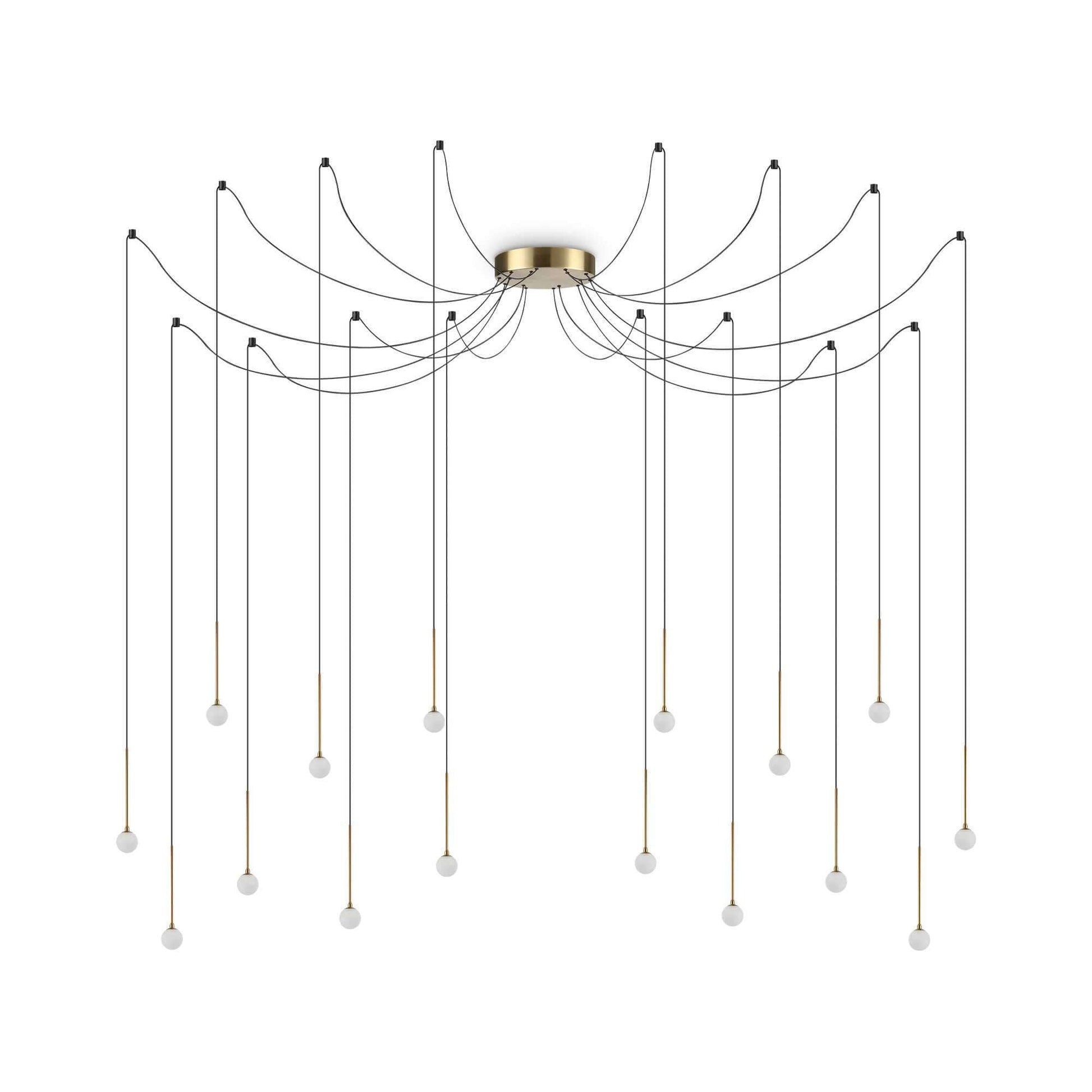 Ideallux LUCCIOLA 16-flame pendant light in brass with adjustable cables and LED bulbs, elegant modern design.