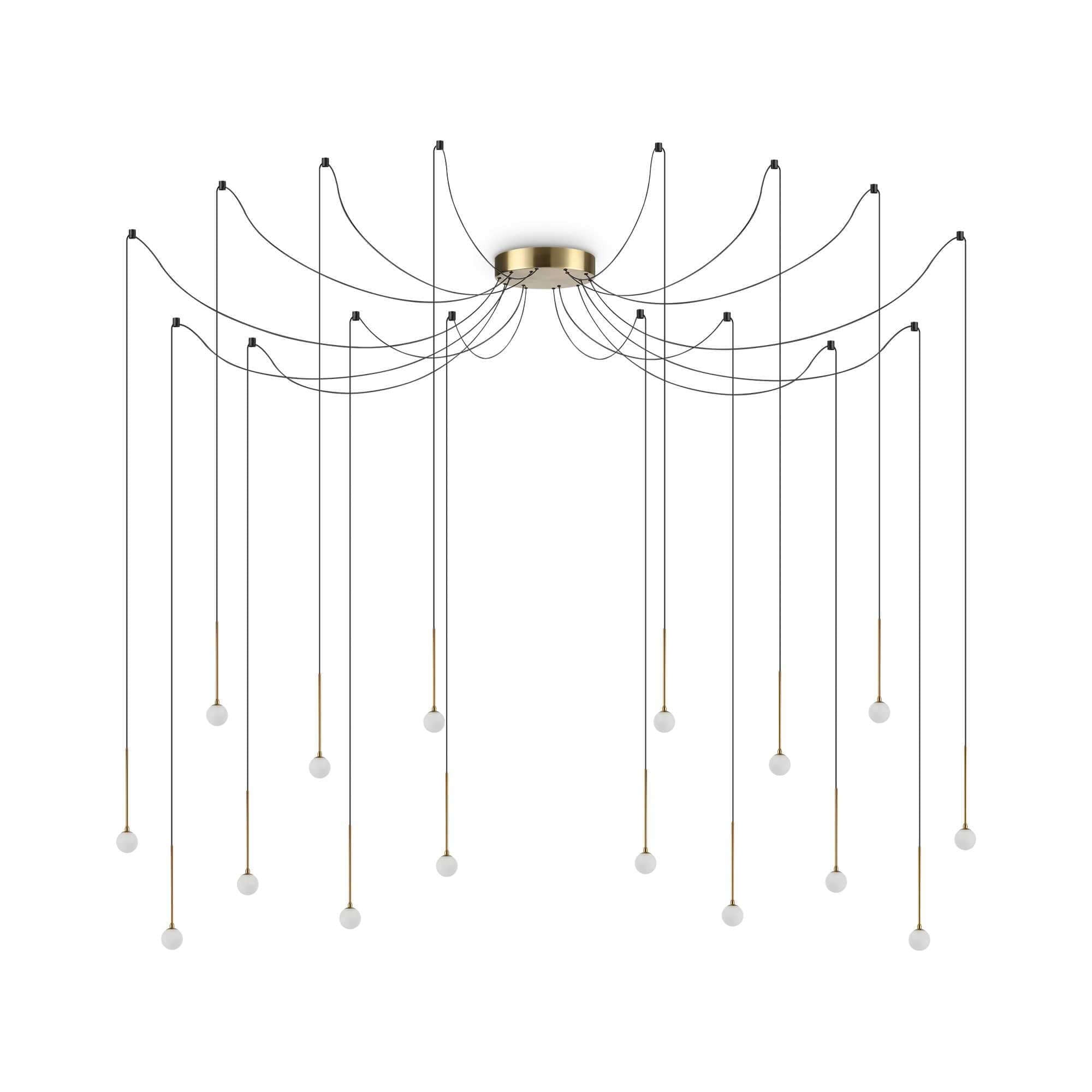 Ideallux LUCCIOLA 16-flame pendant light in brass with adjustable cables and LED bulbs, elegant modern design.