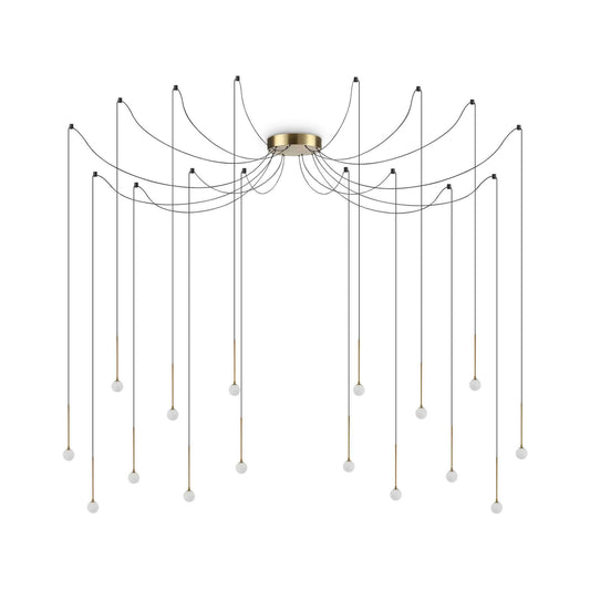 Ideallux LUCCIOLA 16-flame pendant light in brass with adjustable cables and LED bulbs, elegant modern design.