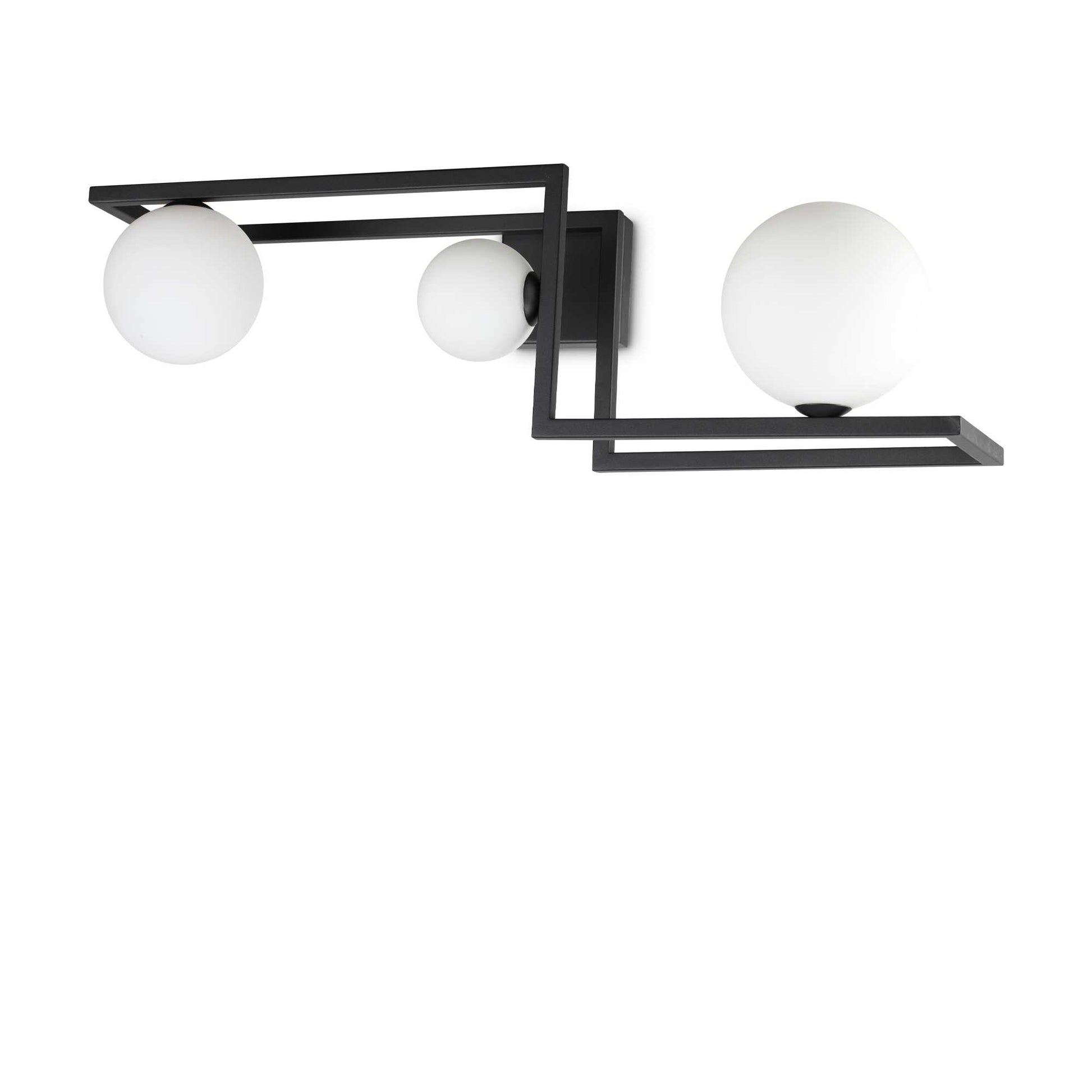 Ideallux Deckenleuchte Angolo Nero with black metal frame and three glass globes, modern ceiling light, dimmable, 25cm height.