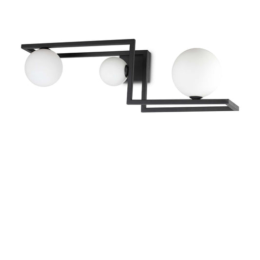 Ideallux Deckenleuchte Angolo Nero with black metal frame and three glass globes, modern ceiling light, dimmable, 25cm height.