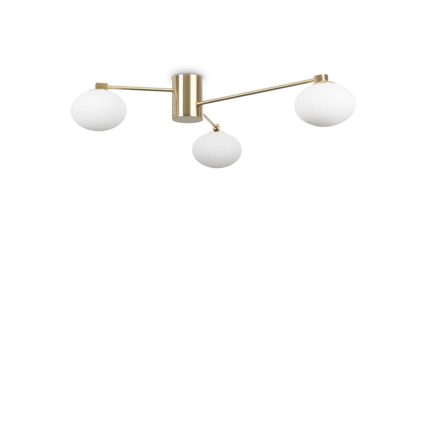 Ideallux HERMES ceiling light with three dimmable G9 bulbs, satin brass finish, and white glass diffusers, Ø90cm.