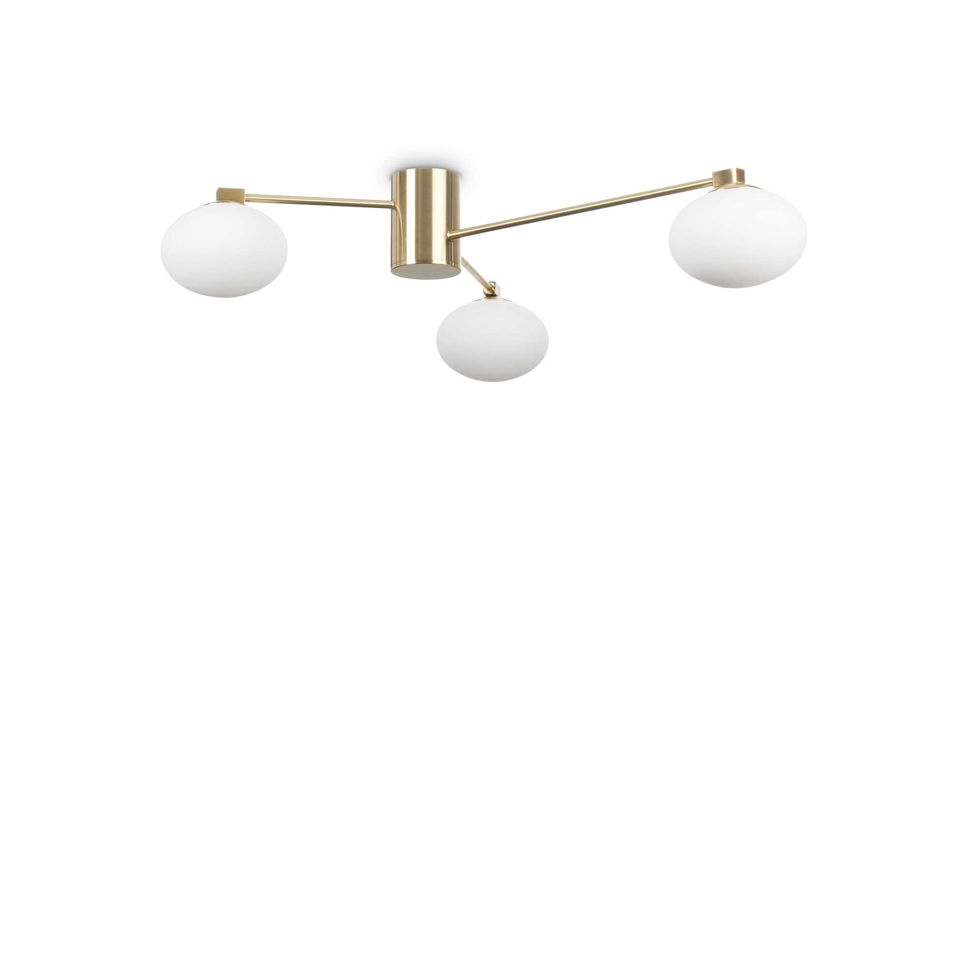 Ideallux HERMES ceiling light with three dimmable G9 bulbs, satin brass finish, and white glass diffusers, Ø90cm.