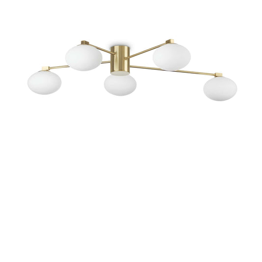 Ideallux Deckenleuchte HERMES 5Leuchten, dimmable ceiling lamp with brass finish and etched glass, 5 lights, Ø90cm