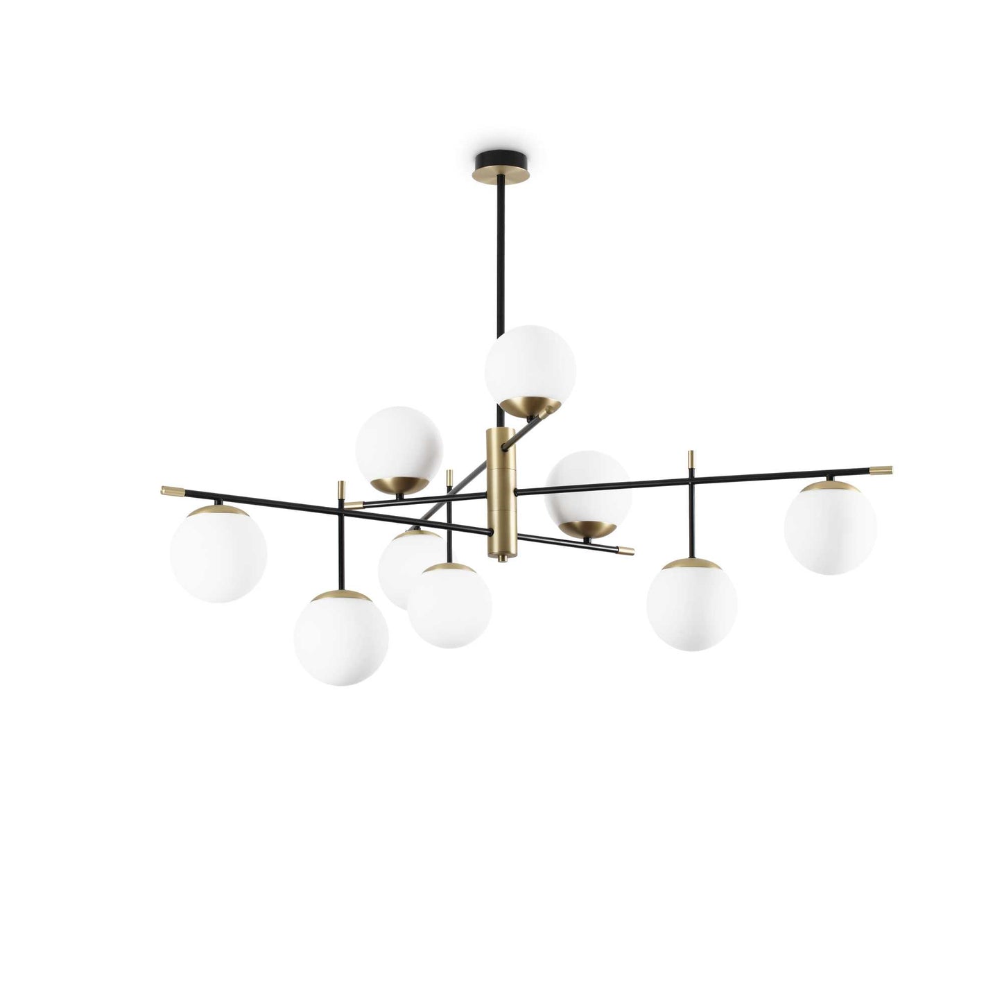 Ideallux Deckenleuchte GOURMET 9 in black and satin finish, featuring nine dimmable globes of white blown glass.