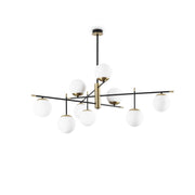 Ideallux Deckenleuchte GOURMET 9 in black and satin finish, featuring nine dimmable globes of white blown glass.