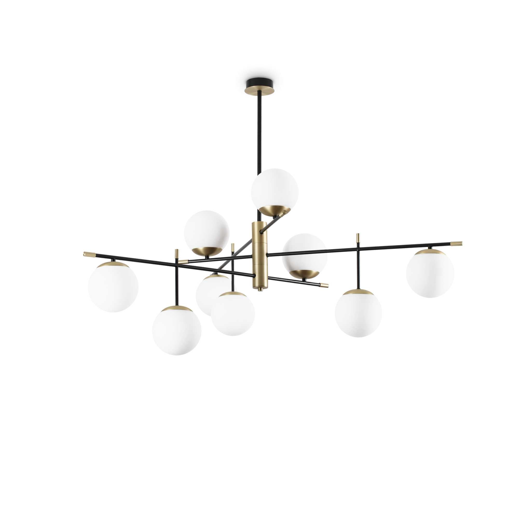 Ideallux Deckenleuchte GOURMET 9 in black and satin finish, featuring nine dimmable globes of white blown glass.