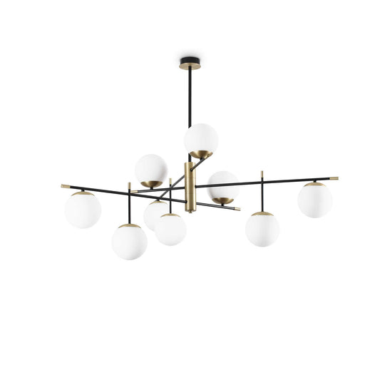 Ideallux Deckenleuchte GOURMET 9 in black and satin finish, featuring nine dimmable globes of white blown glass.