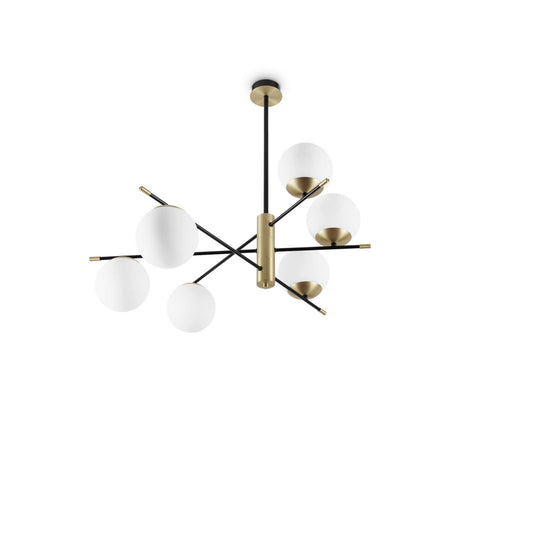 Ideallux GOURMET ceiling light with 6 dimmable lamps, matte black metal frame, white glass diffusers, modern design.