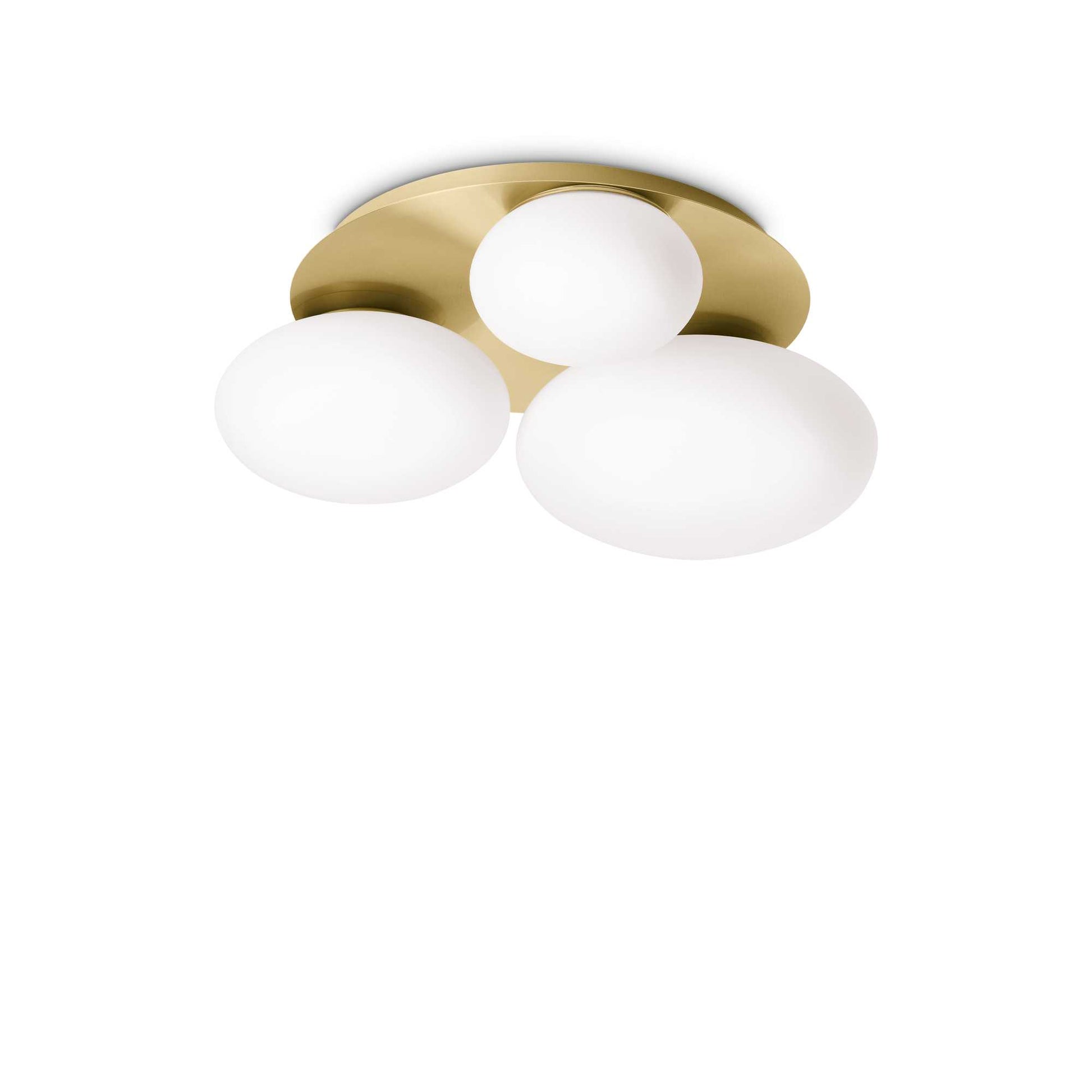 Ideallux Deckenleuchte NINFEA with three lights, brass finish, featuring etched glass diffusers, dimmable design, modern ceiling light.