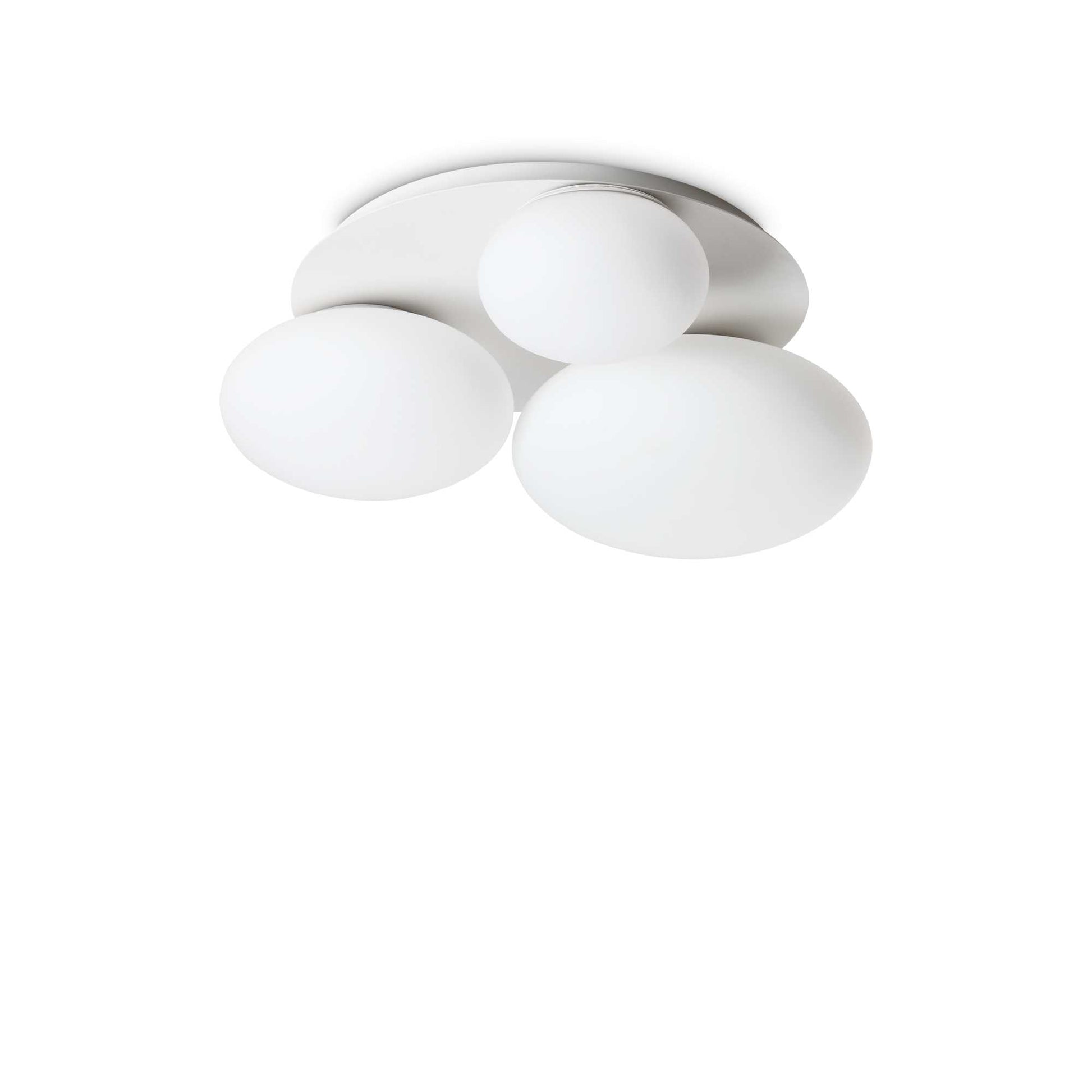 Ideallux NINFEA ceiling light with three white etched glass lamps on a powder-coated metal base, dimmable, GX53 sockets, modern design.