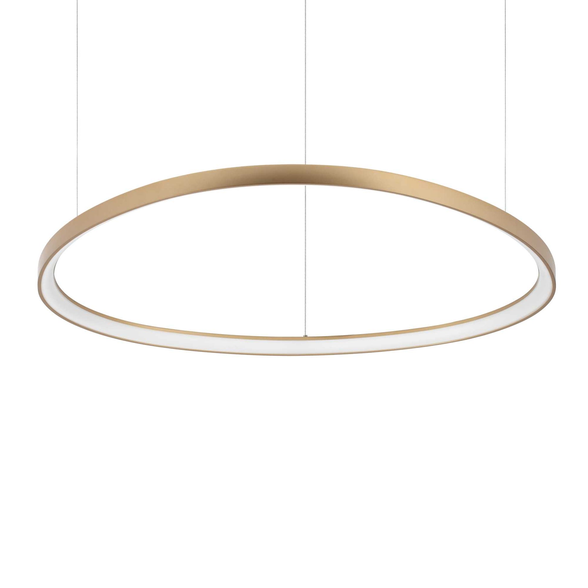 Ideallux GEMINI 105cm brass pendant light, elegant round design, adjustable height, LED, modern minimalist style lighting for home decor.