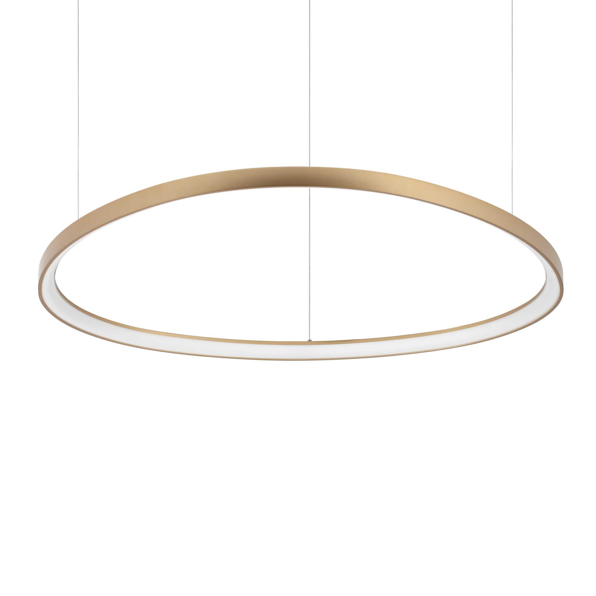 Ideallux GEMINI 105cm brass pendant light, elegant round design, adjustable height, LED, modern minimalist style lighting for home decor.