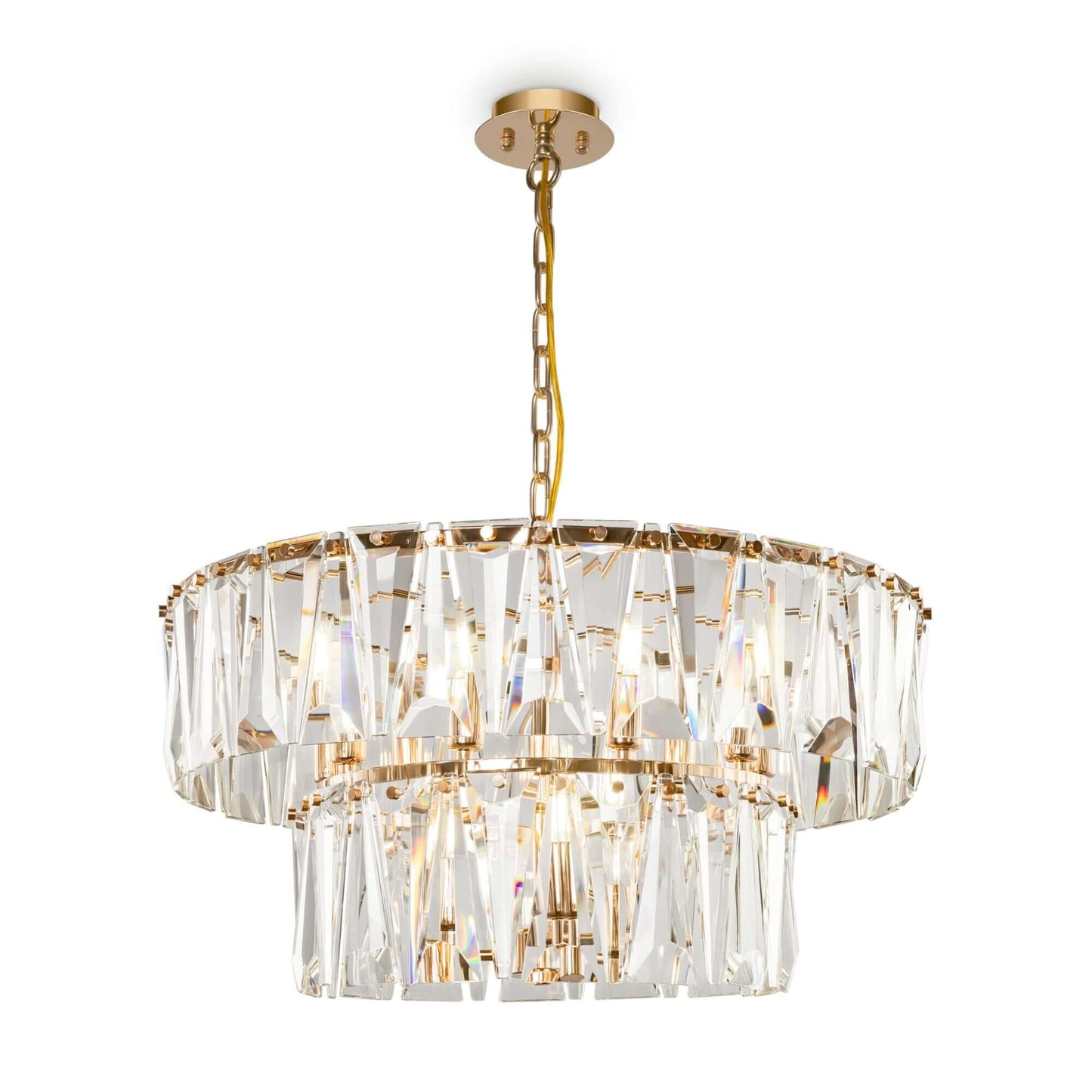 Maytoni PUNTES pendant light with sparkling crystal elements in gold finish, adjustable height, featuring 12 LED sockets, elegant design.