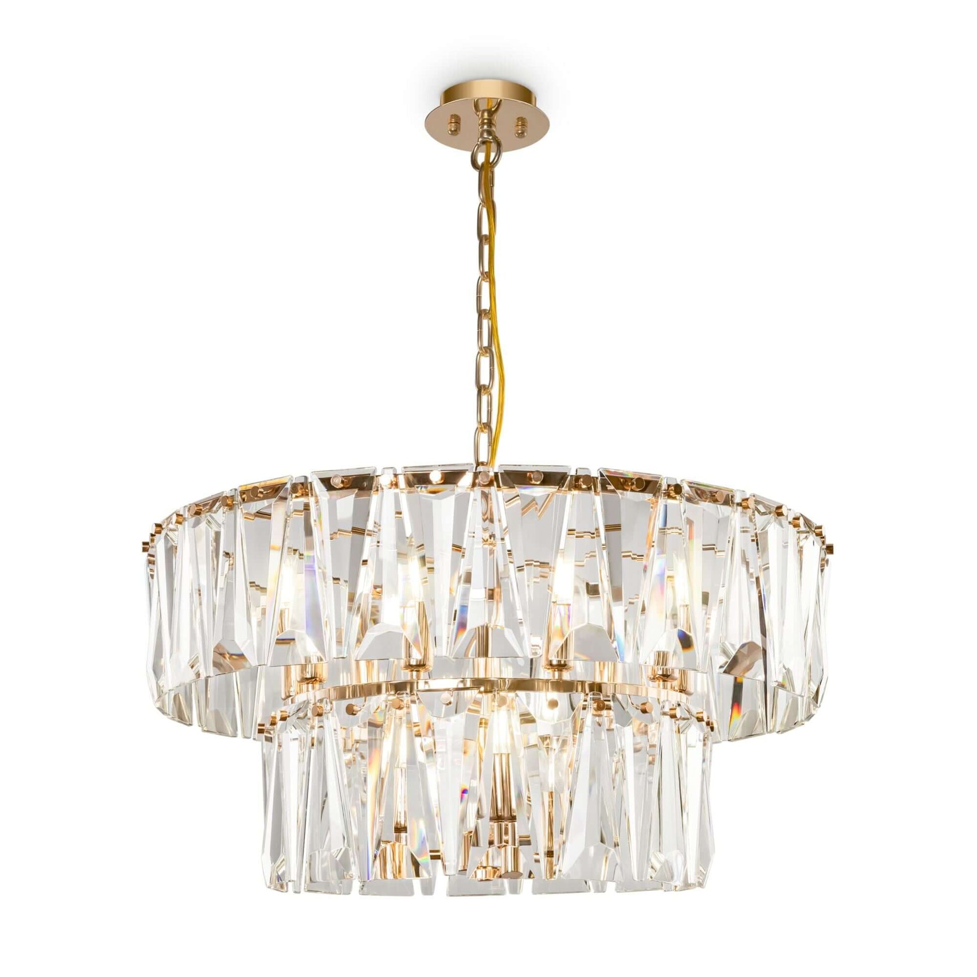 Maytoni PUNTES pendant light with sparkling crystal elements in gold finish, adjustable height, featuring 12 LED sockets, elegant design.