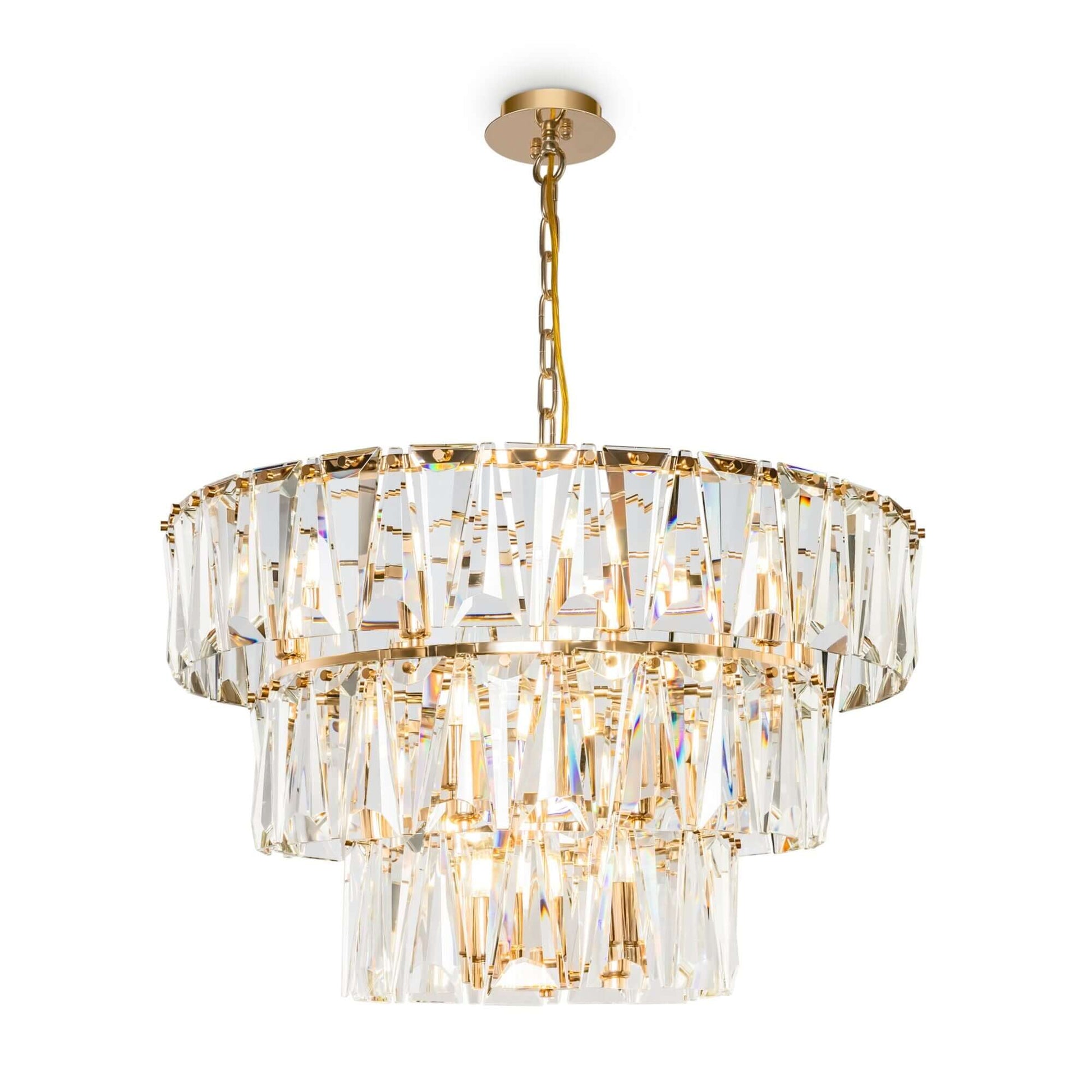 Maytoni PUNTES 18L pendant light with crystal elements, gold finish, dimmable, adjustable height, ideal for elegant home decor.