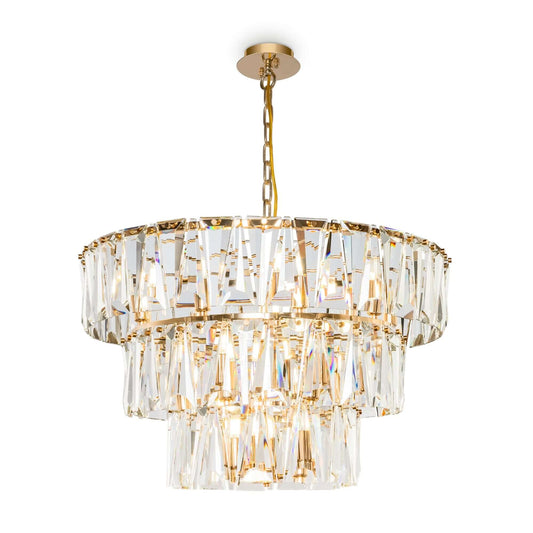 Maytoni PUNTES 18L pendant light with crystal elements, gold finish, dimmable, adjustable height, ideal for elegant home decor.