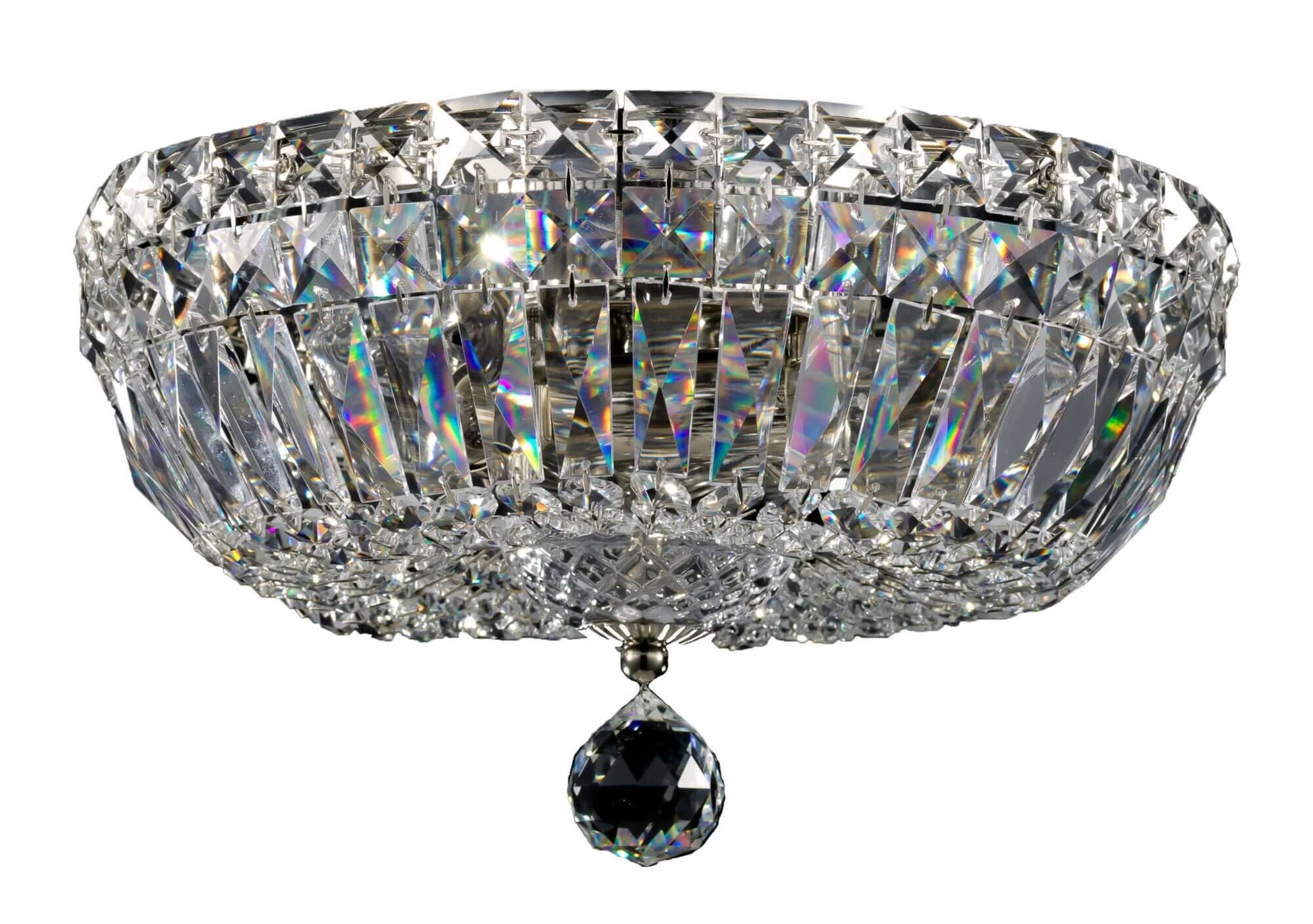 Luxurious crystal ceiling light with faceted glass design featuring a modern and elegant aesthetic.