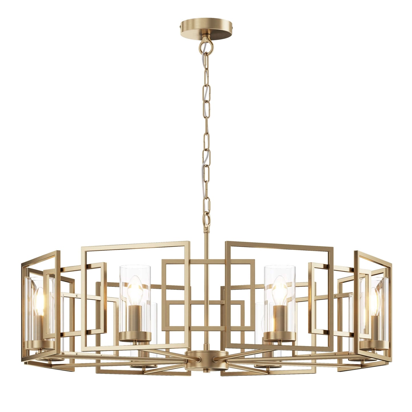Maytoni Bowi large brass metal frame pendant light with glass shades, adjustable height, dimmable, E14 sockets, 8 bulbs.