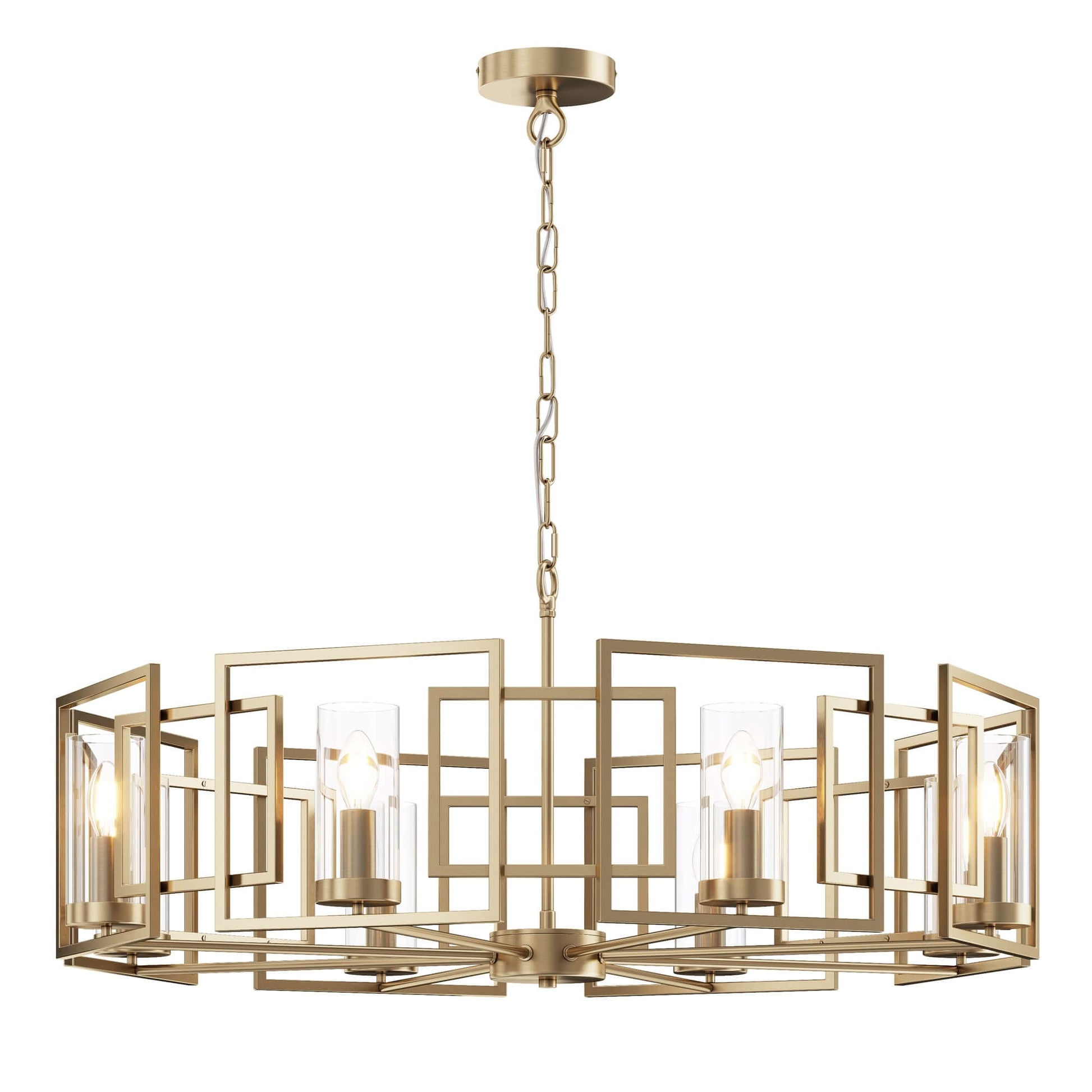 Maytoni Bowi large brass metal frame pendant light with glass shades, adjustable height, dimmable, E14 sockets, 8 bulbs.