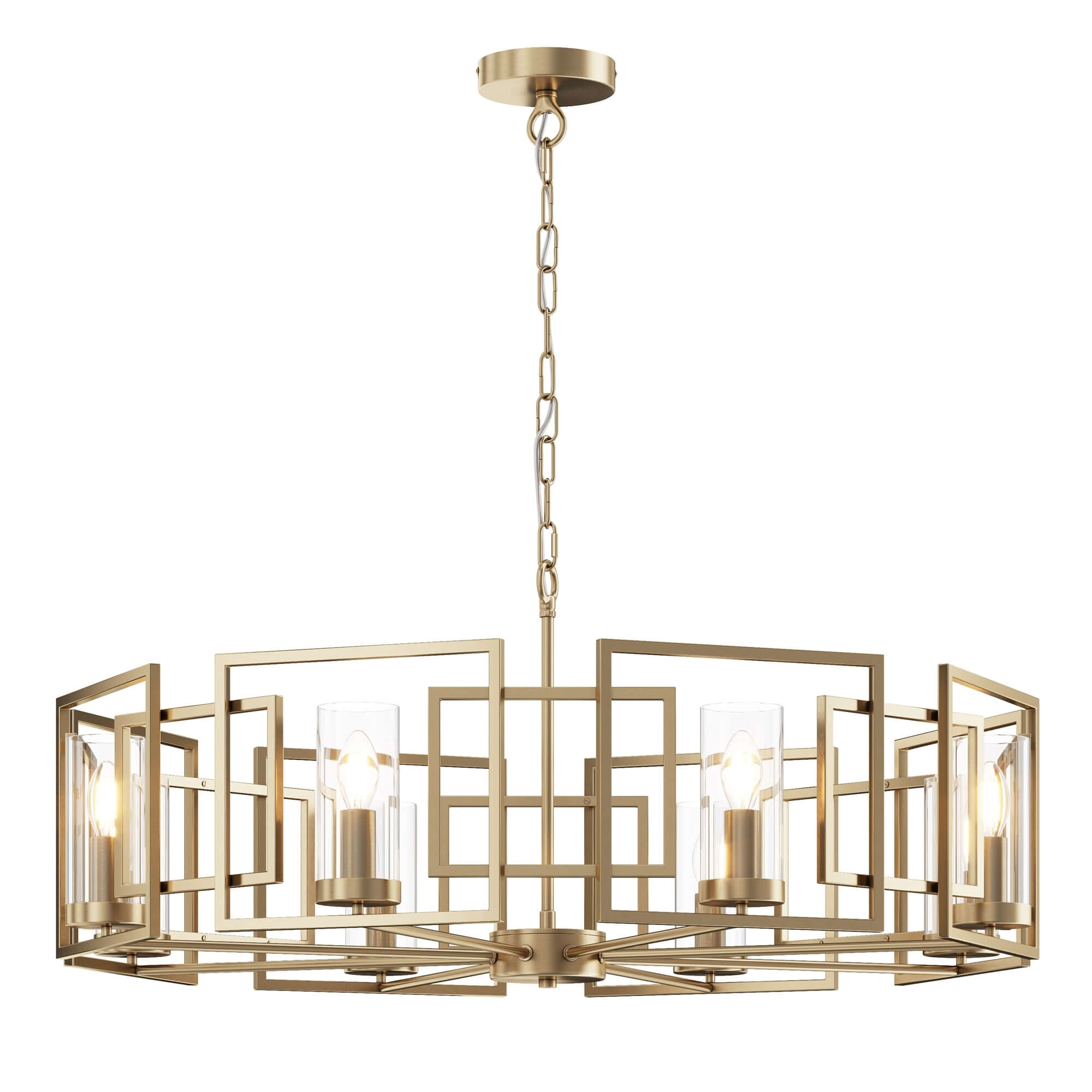 Maytoni Bowi large brass metal frame pendant light with glass shades, adjustable height, dimmable, E14 sockets, 8 bulbs.