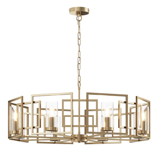 Maytoni Bowi large brass metal frame pendant light with glass shades, adjustable height, dimmable, E14 sockets, 8 bulbs.