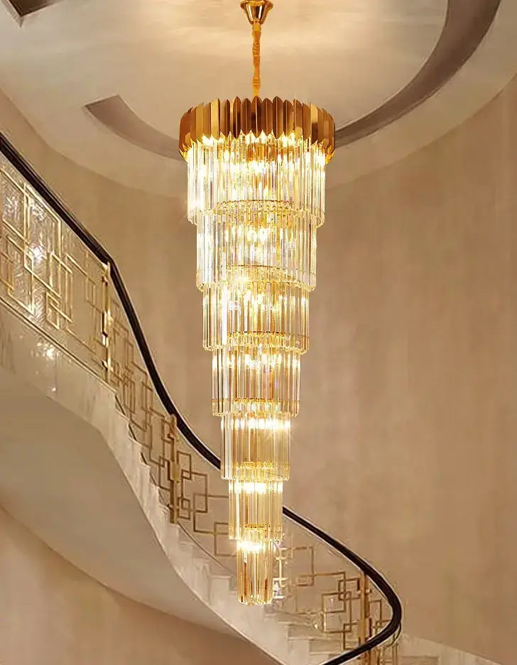 Luxurious spiral crystal chandelier TWISTER for hotel or gallery, 220cm height, gold finish with dimmable LED lights.