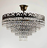 Antique gold Viktoria chandelier with intricately cut crystals, dimmable, 42cm diameter, ideal for E14 LED or halogen bulbs.