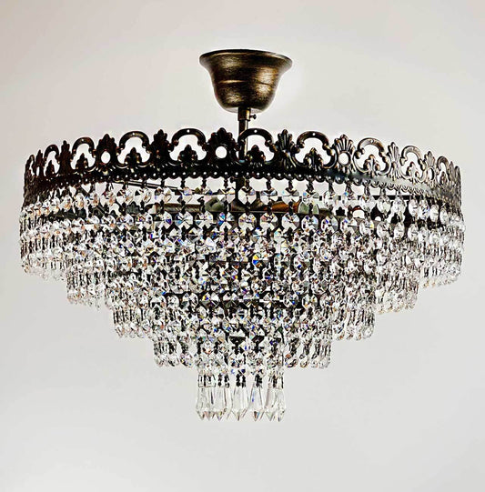 Antique gold Viktoria chandelier with intricately cut crystals, dimmable, 42cm diameter, ideal for E14 LED or halogen bulbs.
